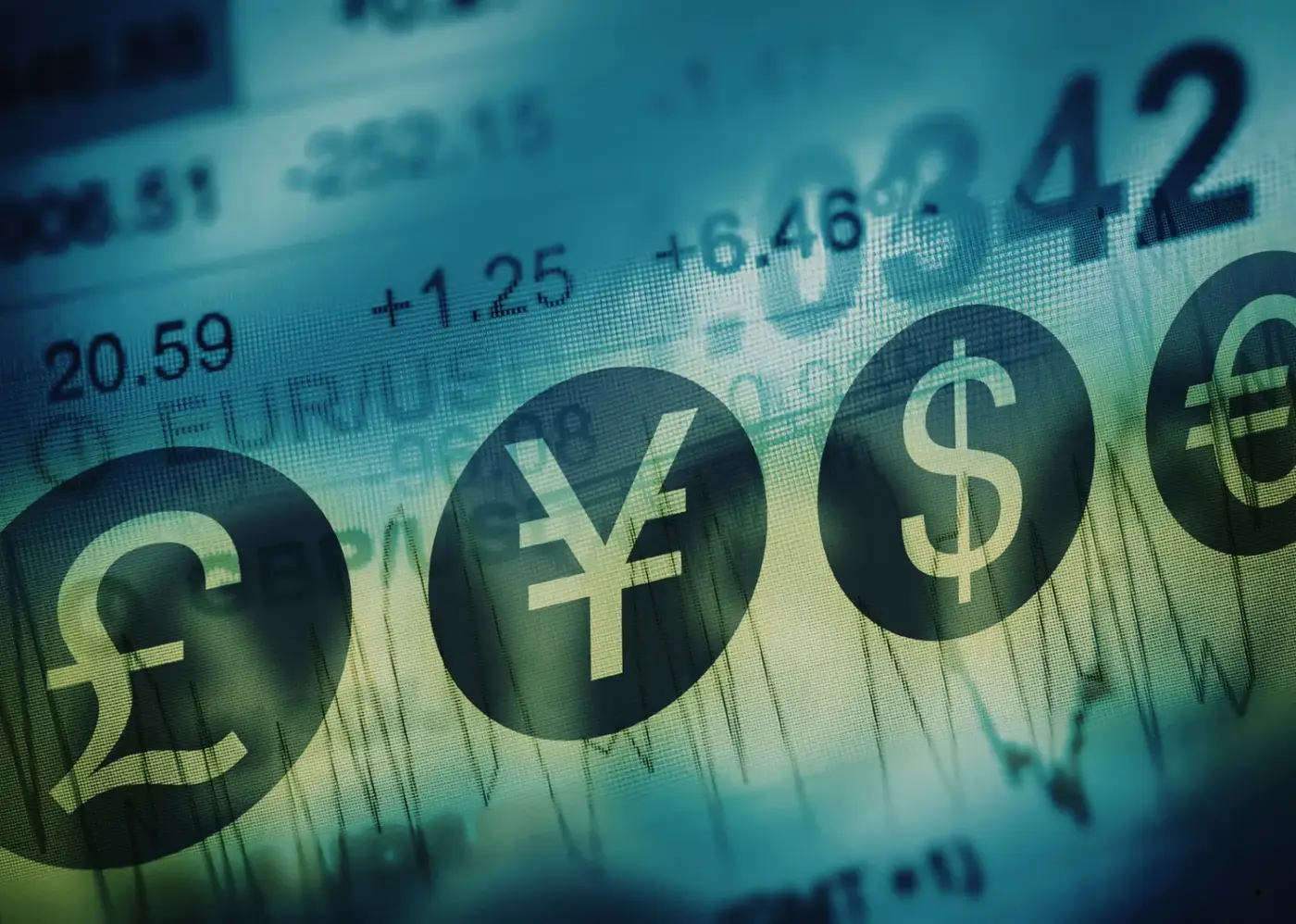 World currency symbols overlaid on live exchange-rate ticker