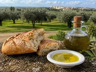 Fresh Tunisian olive oil with crusty bread, in an olive grove