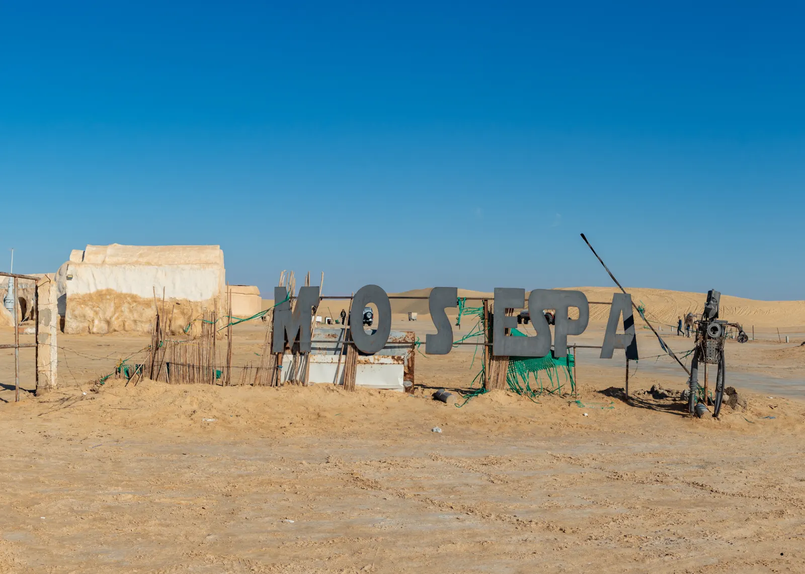 The 'Mos Espa' Star Wars set sign in the Tunisian desert