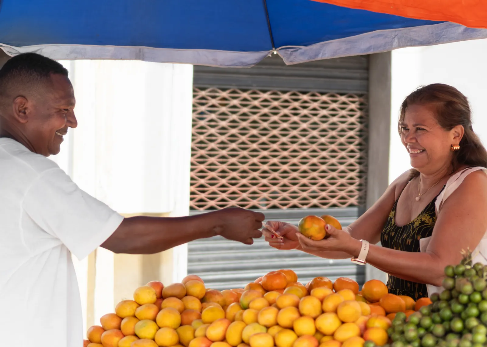 A friendly exchange between a vendor and a visitor at a fruit stall