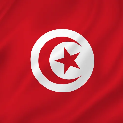 Flag of Tunisia — red field with white disc, red crescent and five-pointed star